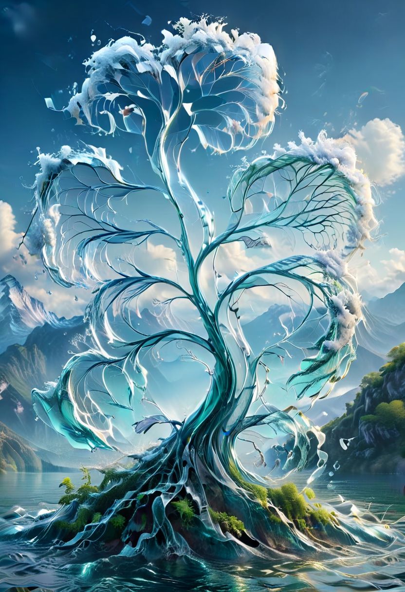 UHD, masterpiece, high quality, extremely details, intricate details, sharp focus, realistic, OverallDetailXL, 
a tree made of water, ,ais-wvs, strong wind, leaves dancing in the air, lake surrounded by mountains,