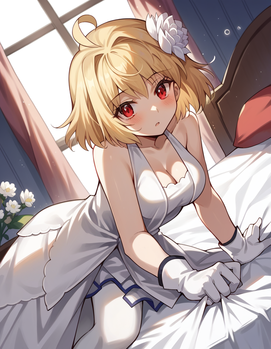 score_9, score_8_up, score_7_up, source_anime, <lora:arcueid-brunestud-10th-anniversary-ponyxl-lora-nochekaiser:1>, arcueid brunestud, blonde hair, red eyes, short hair, ahoge, hair intakes,, medium breasts, hair ornament, gloves, dress, cleavage, bare shoulders, flower, pantyhose, white gloves, hair flower, white dress,, indoors, bed, bed room, on side, blush, drunk, looking at viewer, solo,, cowboy shot, dutch angle