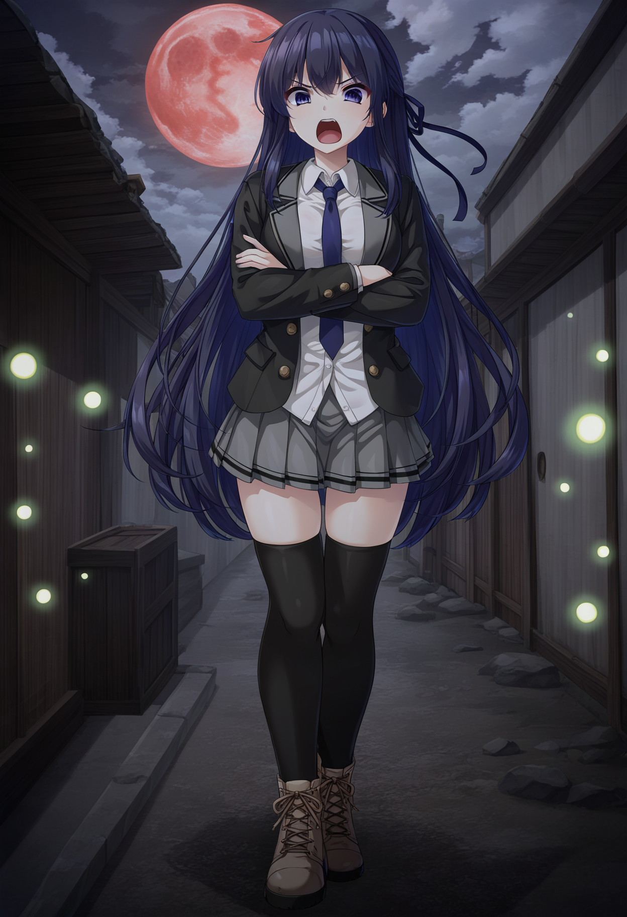 masterpiece,best quality,amazing quality,absurdres,aesthetic,newest,
kagami siyuri \(haison\), 1girl, solo, dark slateblue hair, very long hair, half updo, hair between eyes, sidelocks, floating hair,
v-shaped eyebrows, angry, scolding, glareing at viewer, open mouth, upper teeth, 
((legs_together)),thigh gap,crossed_arms, 
midnight blue hair ribbon, midnight blue necktie, open jacket, black jacket, notched lapels jacket, long sleeves, sleeves past wrists, button \(fastener\), wing collar shirt, white collared shirt, grey pleated skirt, zettai ryouiki, black thighhighs, khaki lace-up ankle boots 
abandoned village,traditional japanese village,alley,fog,dark,horror_\(theme\), cloudy_sky, black_cloud,red moon,glowing fireflies,water refection,
 <lora:kagami_siyuri_noob_vpred10_v10:0.8>