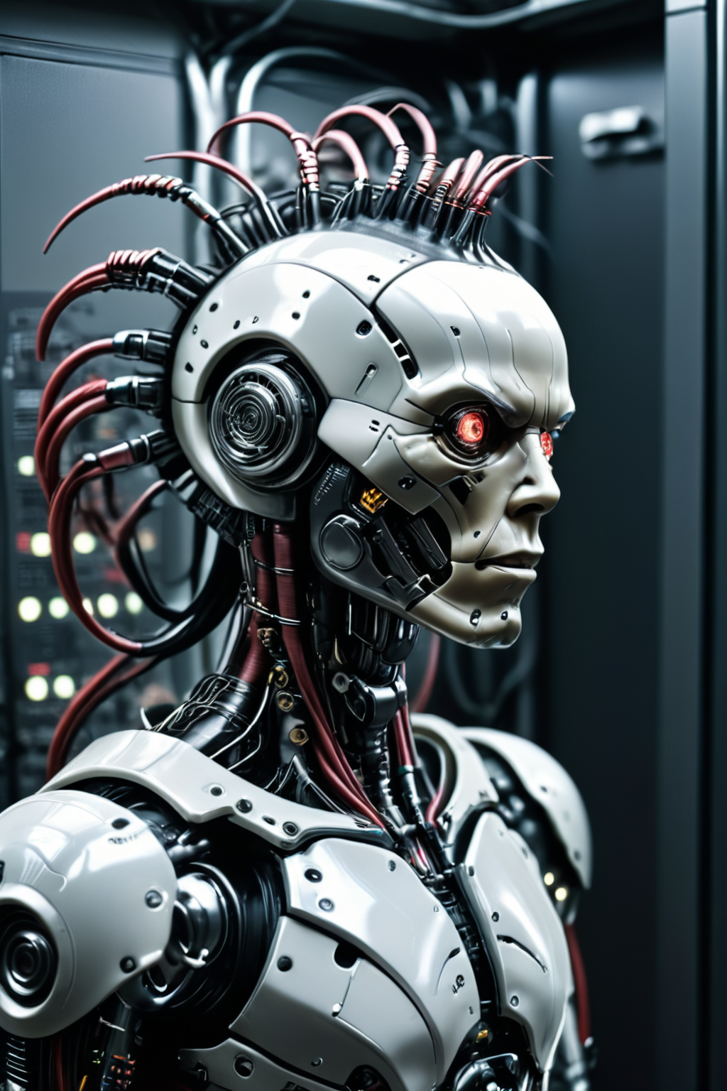 RAW photo of a <lora:madpunk:0.5> madpunk <lora:just_another_Cyborg_LoRa_SDXL:0.8> c1bo cyborg (Playing with hair, exuding playfulness) at a Megacorporation server room with blinking lights, super detail, ultra-realism, <lora:xl_more_art-full_v1:0.3>, <lora:pastel_colors_xl_v3:0.7>  ,  <lora:Faceless_Cyborgs:0.5> noface, cyborg <lora:quality1:0.4> <lora:sdxl_cyberpunk:0.5> cyberpunk style, cyberpunk