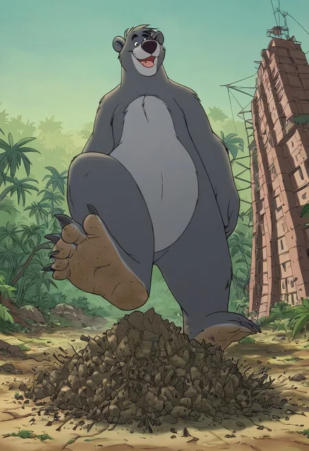 score_9, score_8_up, score_7, score_6_up, score_5, jungle in background, solo,
(baloo:1.2, bear), two tone fur, dark grey and light grey fur, male, brown eyes, giant, gigantic,
Smile, looking larger than buildings,, towering over buildings, bigger then a city, bigger then mountains, giant, source_furry, macro furry, full body shots, giant, size difference,looking at viewer, detailed fur, stepping on cities, stomping on a tiny forest, stepping on a tiny landscape, viewer view from below, looming tall,clumsy,extremely tall, gargantuan, crushing house, legs, tiny landscape, tiny cities,(shrunken jungle :0.3), (shrunken landscape:0.2), micro landscape, full detailed landscape, destruction, mass destruction, from space, view from space, giant, growth,giga, digging, having fun, explosions around feet, dust near paws,micro trees,foot focus,filling the entire screen
, furry body, fur, full body,
<lora:Furry_Lora_Baloo_Jungle_Book:0.6>
<lora:J_cartoon:0.6>
<lora:Top 2.5DCartoonV2:0.4>