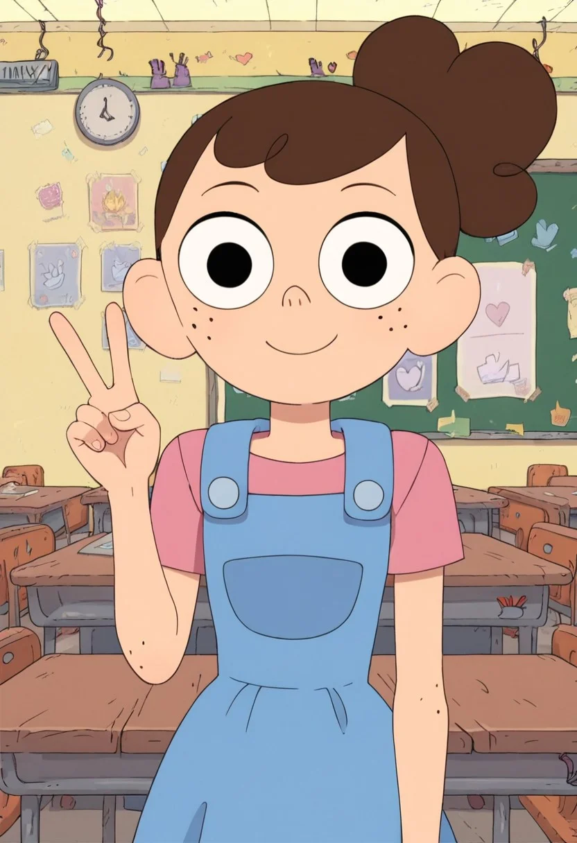 ((classroom background)),score_9, score_8_up, score_7_up,score_6_up,
1girl, Solo, Ashley_C, light skin, black eyes, curly hair, brown hair, freckles, curly voluminous bun, blue wrangler skirtall, pink t-shirt, navy blue biker shorts, brown boots, big eyes, short stature, social smile, perfect eyes, perfect smile, looking at the viewer, detailed eyes, perfect eyes, standing (front pose, bust shot) five fingers, perfect hands, (hand up, v sign)