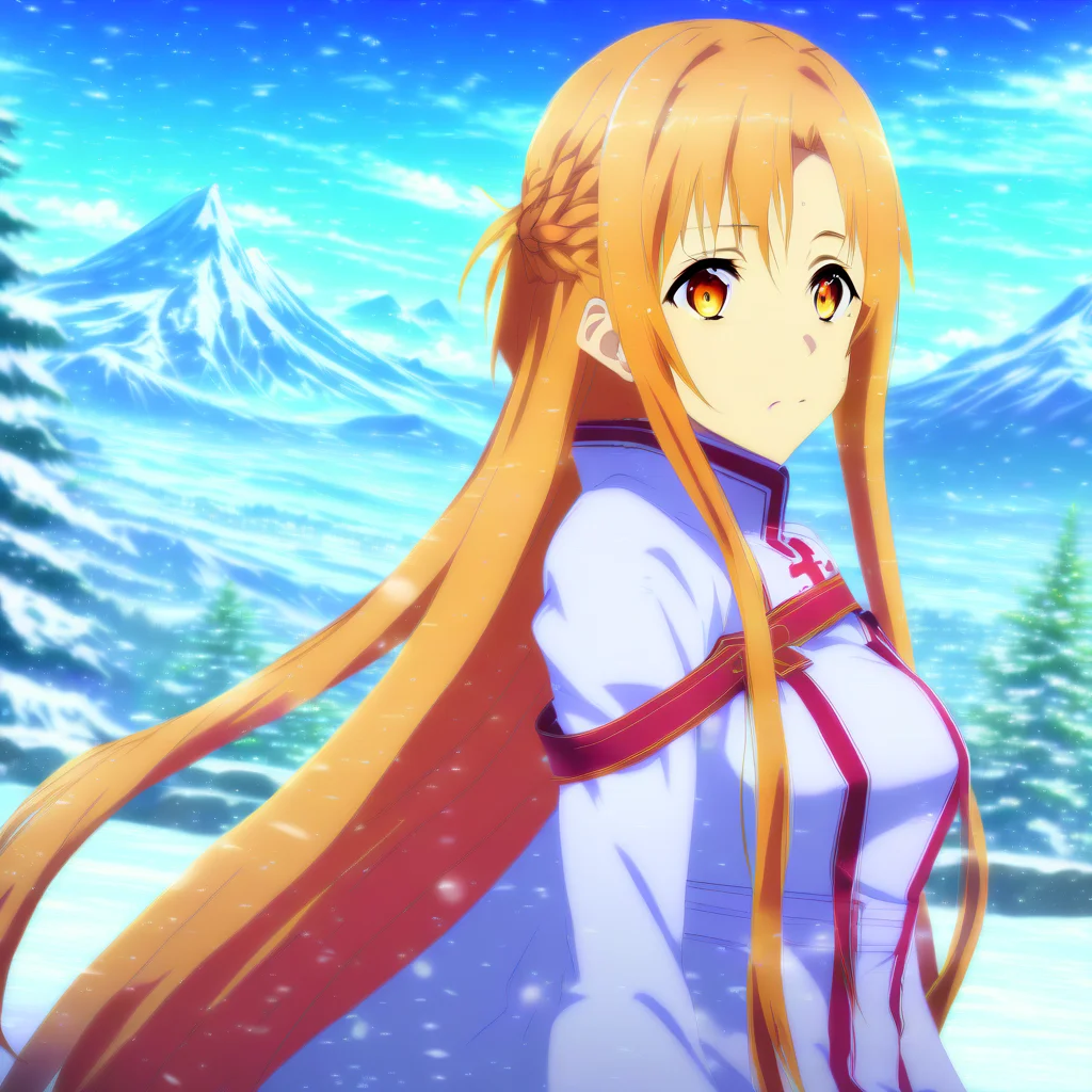 ((asuna)), ((masterpiece)), highres, asuna \(sao\), crown braid, light orange hair, looking at viewer, mountain, dutch-angle, snow, snowflakes
