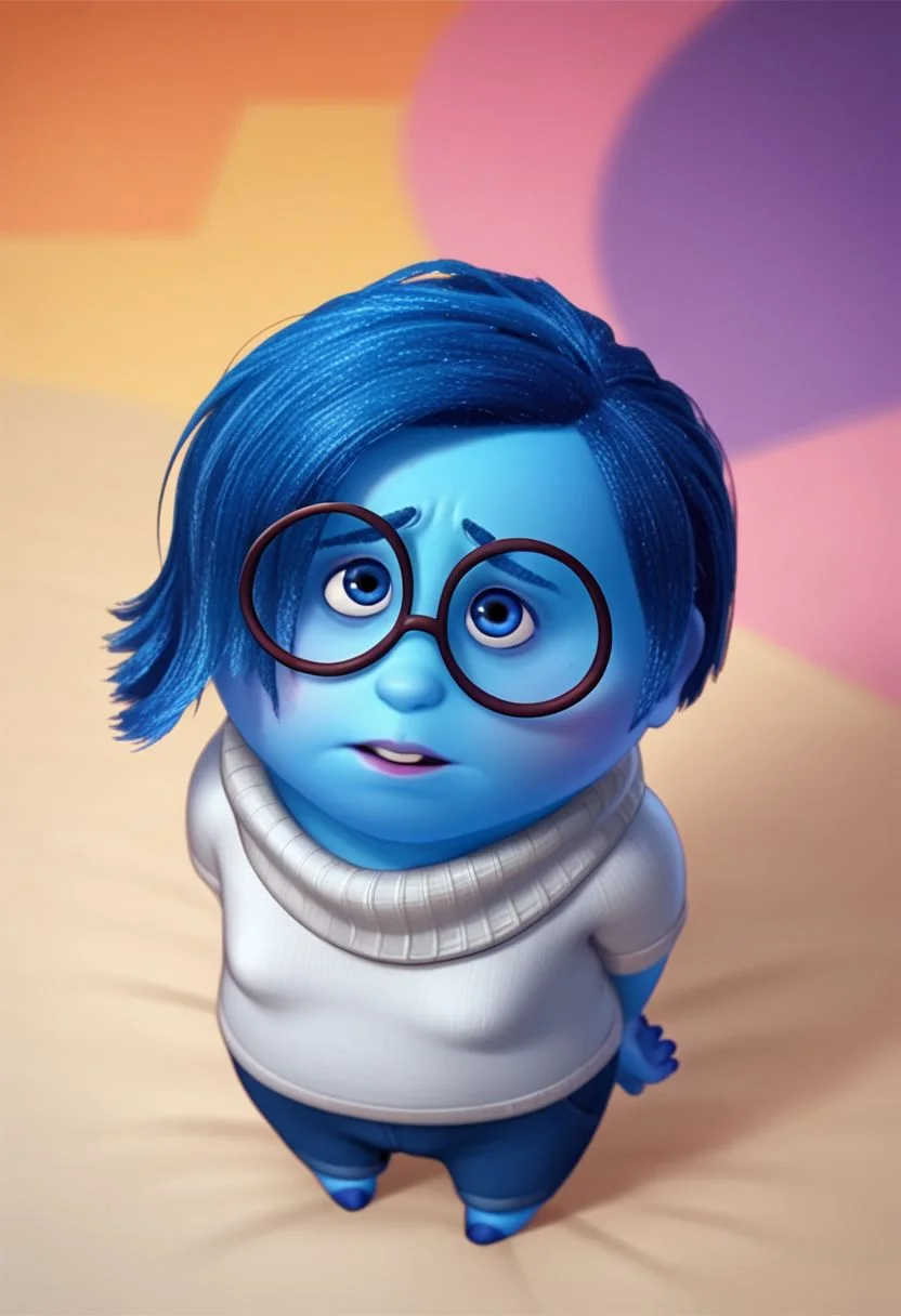 score_9, score_8, score_7, score_6, SadnessEmotion, glowing, 1girl, rating_explicit, blue skin, blue hair, smile, colorful background, full body, pose, posing, looking at viewer, pin-up pose, pin-up, from above, hands behind back, sway, sad, glasses