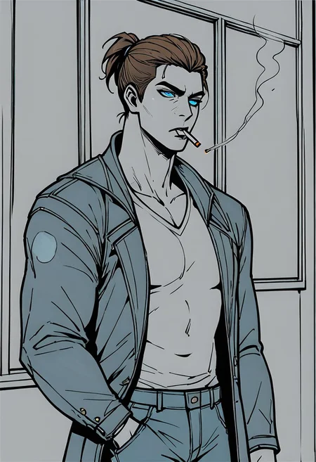 score_9, score_8_up, score_7_up, score_6_up, score_5_up, score_4_up, source_anime, (1 man), shen, shen from league of legends, muscular, short ponytail, brown hair, blue eyes, coat, jeans, smokes looking out the window, looking out the window, holding a cigarette, starry sky, loneliness, silence, empty look, monochrome