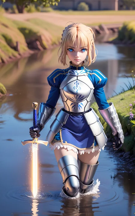(masterpiece),(best quality),(ultra-detailed), (full body:1.2),1girl,chibi, artoria pendragon \(fate\), armor, dress, suit, (running through a river), (beautiful detailed face), (beautiful detailed eyes:1.12), (looking at viewer), <lora:blindbox_V1Mix:1>, <lora:ironcatlora1Artoria_v10:1>, reflection, excalibur \(fate/stay night\), (holding sword:1.1), volumetric light, (from below),  <lora:theovercomer8sContrastFix_sd15:1>