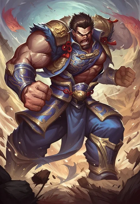 score_9, score_8_up, score_7_up, armored muscular male, sanguo, chinese champion, dianwei, thick brawny body, large pec, broad shoulders, standing majestically on battleground, ready to fight, dynamic pose