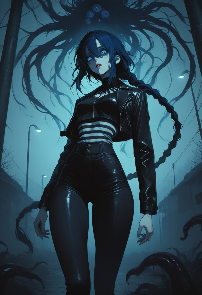 LDSCH Style, aesthetic, , p1n04rtstyl3,pinoartstyle,pino art style, LeIsT0_illu, masterpiece, best quality, masterpiece \\\\(quality\\\\), depth of field, cinematic, shadow, chromatic aberration, 
1woman, solo, dark blue hair, ((hair in long single braid)), (((very long braid))), blue eyes, pale skin, parted lips, ((slim body)), fit slim, (small breasts), dynamic angle, portrait, thick thighs, skinny body, narrow waist
Wearing leather jacket, (((striped crop top))), wearing skinny jeans, tight jeans, wearing black converse sneakers
Walking down a dark ally, very heavy fog, misty Street, Street lamp, dark humanoid silhouettes in the fog, Erie feeling, horror theme
Behind her: in the background, fflix-shadows, Shadow humans in the fog, tentacle people in the fog, Shadow tentacles, CR33P1NGF0G, fog, fog, dark, night, haze, eldritch_abomination, monster in the fog, monster in the haze, partially obscured monster, horror_(theme)