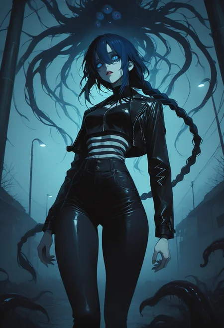 LDSCH Style, aesthetic, , p1n04rtstyl3,pinoartstyle,pino art style, LeIsT0_illu, masterpiece, best quality, masterpiece \\\\(quality\\\\), depth of field, cinematic, shadow, chromatic aberration,
1woman, solo, dark blue hair, ((hair in long single braid)), (((very long braid))), blue eyes, pale skin, parted lips, ((slim body)), fit slim, (small breasts), dynamic angle, portrait, thick thighs, skinny body, narrow waist
Wearing leather jacket, (((striped crop top))), wearing skinny jeans, tight jeans, wearing black converse sneakers
Walking down a dark ally, very heavy fog, misty Street, Street lamp, dark humanoid silhouettes in the fog, Erie feeling, horror theme
Behind her: in the background, fflix-shadows, Shadow humans in the fog, tentacle people in the fog, Shadow tentacles, CR33P1NGF0G, fog, fog, dark, night, haze, eldritch_abomination, monster in the fog, monster in the haze, partially obscured monster, horror_(theme)