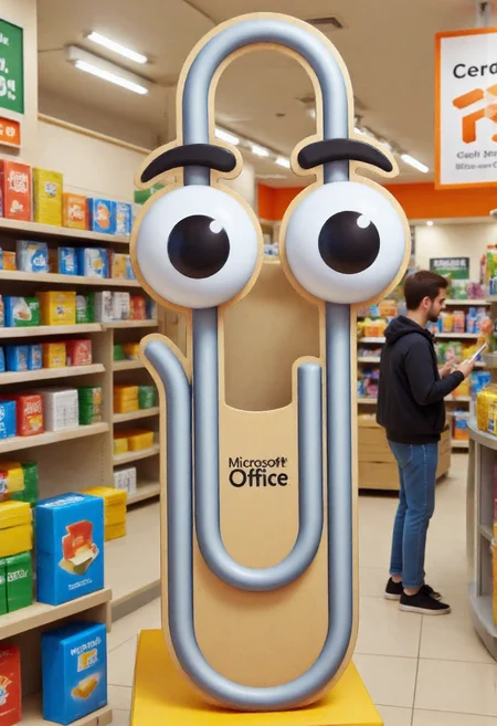 <lora:Cardboard_Cutout_Creator_FLUX-000021:0.9> <lora:Clippy20_-_Microsoft_Office_F1D:1.1>
The image is a high-resolution photograph taken inside of a grocery store, showcasing a large, detailed, 3D cardboard cutout of a clippy with big eyes and text "Microsoft Office"