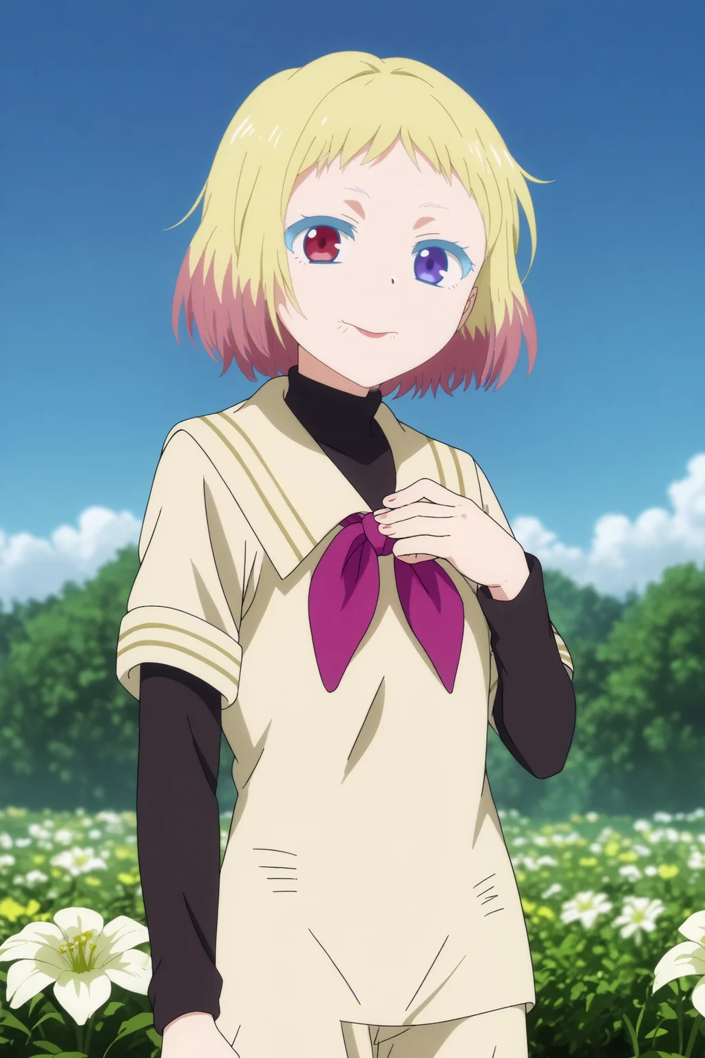 awano kotobuki,1girl,solo,smile,heterochromia,blonde hair,purple eyes,short hair,looking at viewers,gradient hair,facial mark,neckerchief,shirt,school uniform,sailor colla,short over long sleeves,layered sleeves,purple neckerchief,standing,hand on chest,cowboy shot,close-up BREAK outdoors,blue sky,white flower,field <lora:Awano_Kotobuki_-_Wonder_Egg_Priority.safetensors:0.8> <lora:detailed_backgrounds_v2.safetensors:0.5>