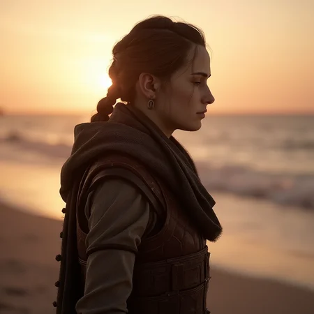 <lora:amicia-de-rune:1>amicia de rune, Amicia de Rune, in medieval attire, on a beach at sunset, with gentle waves in the background, in a concept art style