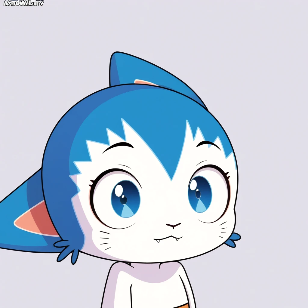  , anime, 2d, HD, incredible quality, masterpiece, highre, incredible quality, astro kitty, blue eyes, cat, blue eyes, 1boy, solo, furry, furry male, :3, straight on, front facing, upper body, closed mouth, fangs, simple background, blank background 