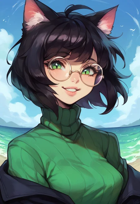 score_9, score_8_up, score_7_up, score_6_up, (high quality, masterpiece, 2d),
Fantasy, 1girl, solo, catgirl, animal ears, cat ears, black hair, bob cut, bangs, messy hair, cat tail, green eyes, small round rimless glasses, small breasts, looking at viewer, smile, parted lips, upper body, black robes, green sweater,
day, ocean, blue sky,