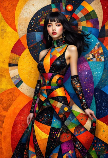 Midjourney_Whisper, composition art, colorful and minimalistic style, clean lines, smooth curves, and sleek contours, with bold outlines, crisp shapes, and sharp edges, image of an oriental woman in haute-couture leather and lace clothing