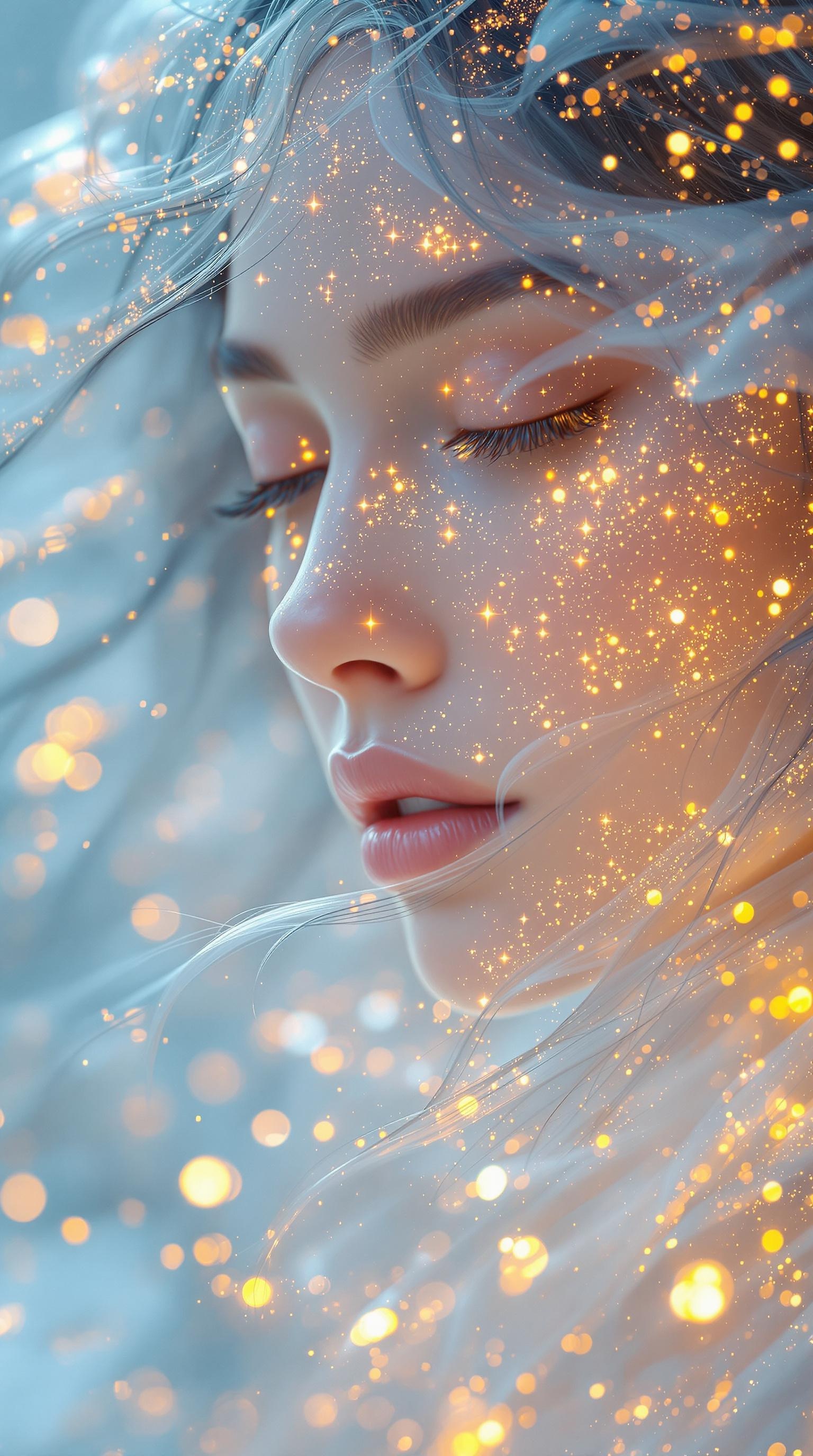 A photorealistic 4K image of a woman with transparent, crystal-like skin, glowing from within with a soft golden light, her hair flowing like liquid metal, surrounded by an aura of shimmering particles., RAW photo, subject, 8k uhd, dslr, soft lighting, high quality, film grain, Fujifilm XT3, 4K, photorealistic, High dynamic range, vivid, rich details, clear shadows and highlights, realistic, intense, enhanced contrast, highly detailed, long shot scenic professional photograph of , perfect viewpoint, highly detailed, wide-angle lens, hyper realistic, with dramatic sky, polarizing filter, natural lighting, vivid colors, everything in sharp focus, HDR, UHD, 64K, 