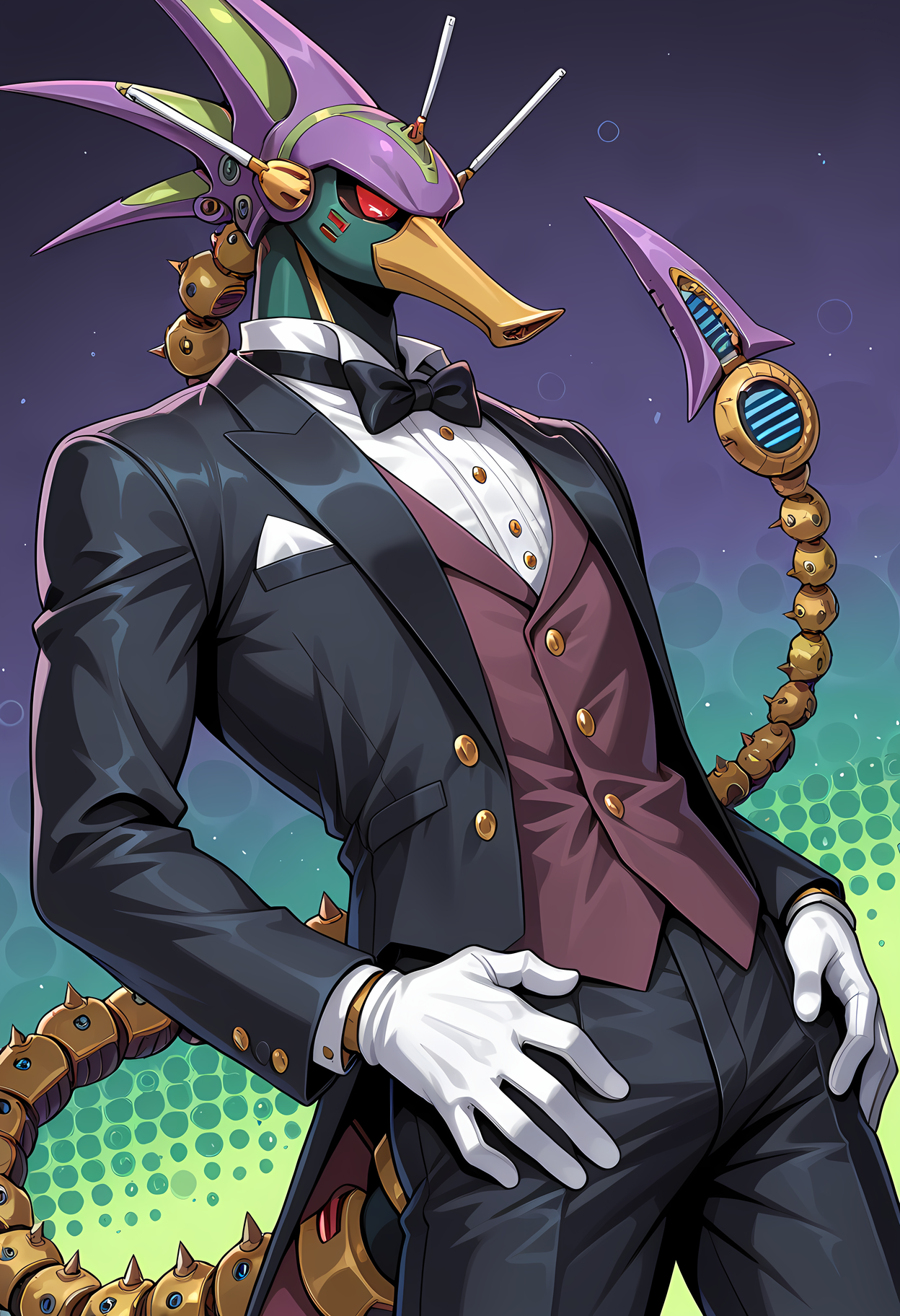 masterpiece, best quality, amazing quality, dutch angle, abstract background, BREAK
1boy, solo, male focus, mx3_toxic, robot, red eyes, snout, tail, tuxedo, formal, black bowtie, BREAK
<lora:cfg_scale_boost:.6>  <lora:Toxic_Seahorse_-_Mega_Man_X3_-_ILXL:1>