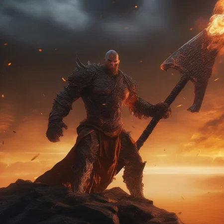 Score_9, score_8, score_8_and_up,
A giant wielding a huge flaming axe, busting over the edge of a rocky cliff, action scene, fantasy world, perfect background, epic quality, dramatic sky, highest quality, HD