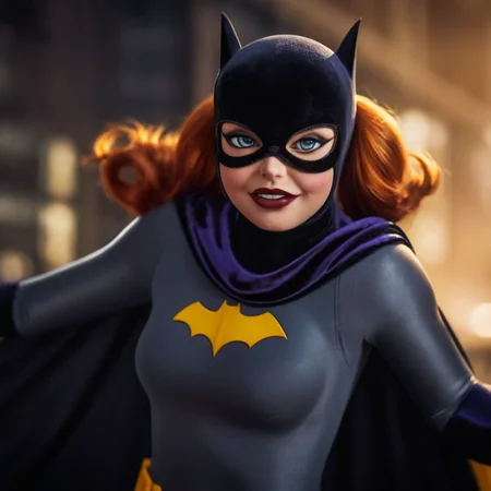 cinematic film still of  <lora:Batman The Animated Series Style:1.2>
In Gotham City a cartoon character dressed in a batgirl costume Batman The Animated Series Style, shallow depth of field, vignette, highly detailed, high budget, bokeh, cinemascope, moody, epic, gorgeous, film grain, grainy