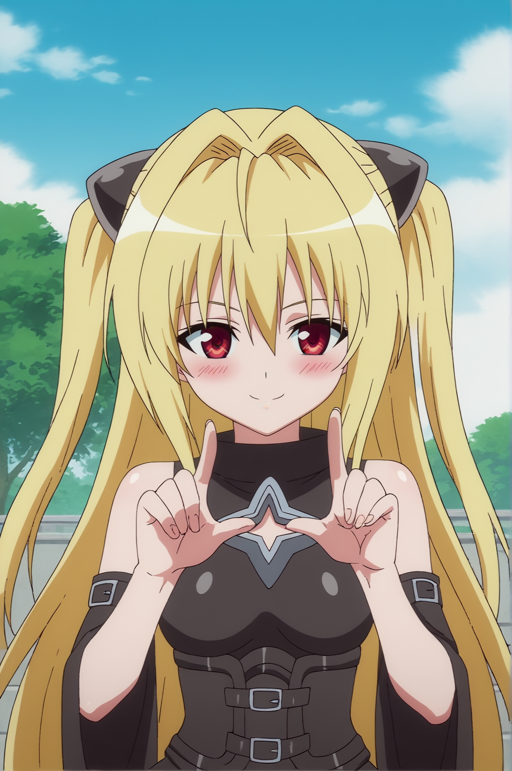 score_9, score_8_up, score_7_up,anime_source, source_anime, best background, detailed background, anime screencap,  Yami, 1girl, cape, detached sleeves, upper body, solo, two side up, very long hair, (victory fingers), seductive smile, blush, victory pose,  outdoors,  <lora:JN_Konjiki_no_Yami:0.8>