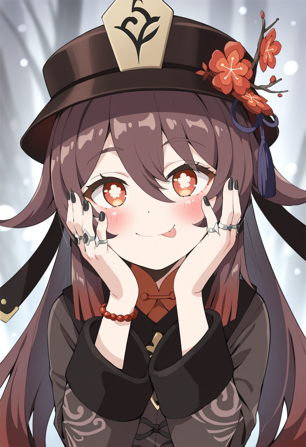 masterpiece,best quality,amazing quality,
1girl, hu tao (genshin impact), ring, hat, tongue, tongue out, brown hair, solo, jewelry, red eyes, symbol-shaped pupils, flower, black nails, blush, looking at viewer, plum blossoms, hands on own face, hat flower, :p, long hair, nail polish, black headwear, twintails, flower-shaped pupils, smile, multicolored hair, hair between eyes, bangs, long sleeves,
<lora:Saeki Tatsuya_epoch_9:1>