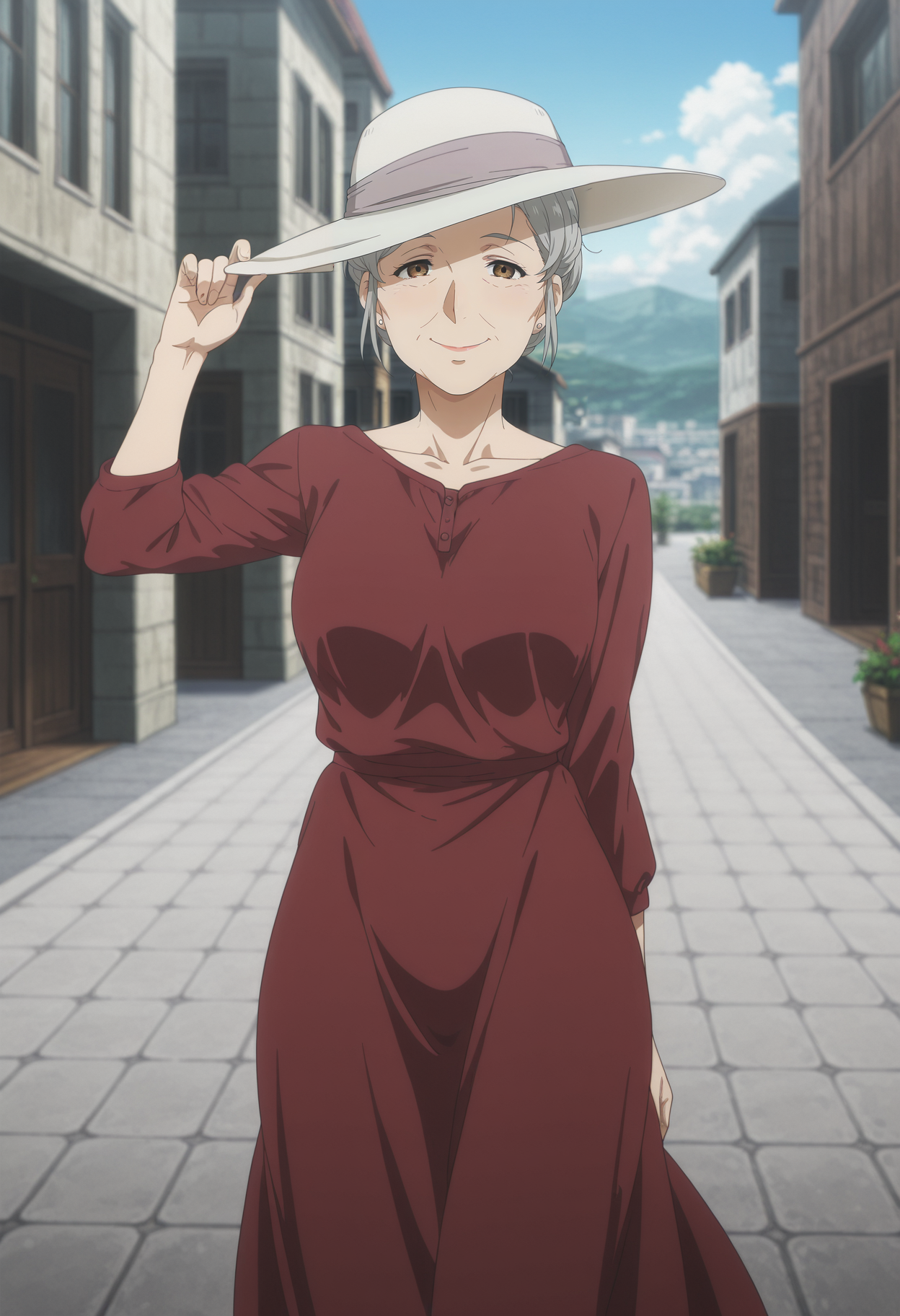 1girl,solo,mm,mature female,old woman,grey hair,brown eyes,hair bun,anime coloring,
red dress,hat,hand on headwear, cowboy shot, looking at viewer, smile,outdoors
,masterpiece,best quality,amazing quality,<lora:Tiffany_Evergarden-Violet_Evergarden_IL:0.7>
