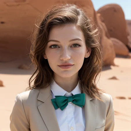 s0phia_n0texist-eyeliner-kindantation-flat-chest-(eyes-visible-through-hair)-smile-fang blush Teal-green-colored-clothes-blazer school-uniform bowtie-thighhighs-monk-strap-Sahara-Desert warm-light-sunset rays-light-sparkles-lens-flare-deep-shadows depth-of-field-peerless-scenery-sentimental