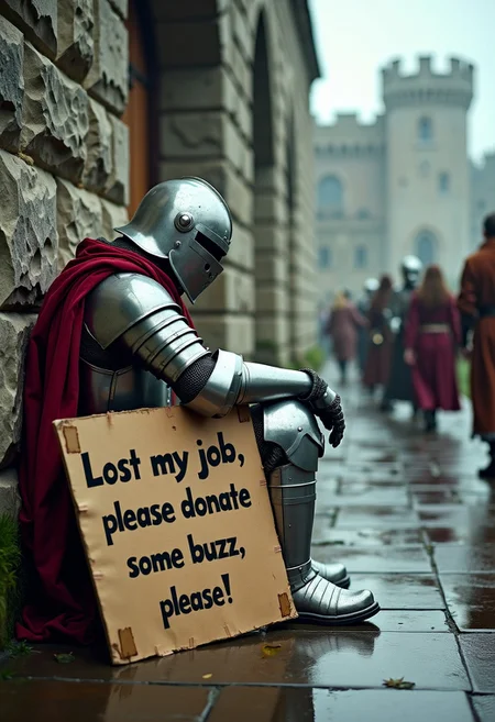 A realistic picture of a knight in full medieval armor sitting against a castle wall holding a cardboard sign that reads "Lost my job, please donate some buzz, please!" It is wet and miserable outside, and the mood is depressing. Medieval townsfolk walk past the knight as he sits there begging for buzz.