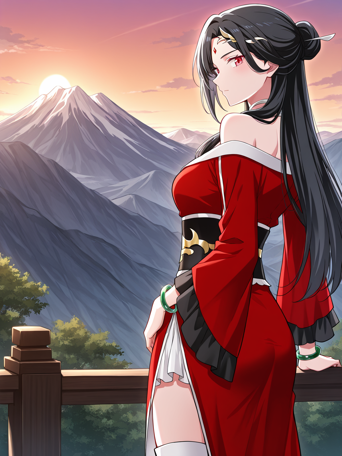 <lora:Martial_Peak__Xue_Yue:1>
1 girl, solo, long hair, black hair, side braid, hair ornament, red eyes, forehead jewel, hairpin, forehead jewel, 
chinese dress, red off shoulder dress, long sleeves, black and gold obi, wide sleeves, open side slit, layered skirt, white thigh-high inner layer, bare shoulders, white boots, jade bangle
score_9, score_8_up, score_7_up, source anime, BREAK, cowboy shot, (from side), looking back, looking at viewer, overlooking mountain, high altitude, scenery, exterior, background