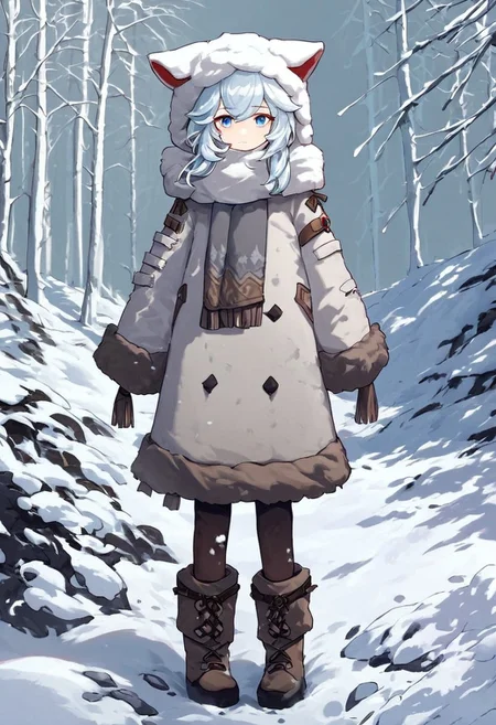 Score_9, score_8_up, score_7_up, Genshin Impact Style, source_anime, snow, ice forest, 1girl, solo,
White hair, tattered fur hood over hair, grey fur hood, tattered fur snow coat, baggy fur coat, pale blue eyes, standing, facing viewer, staring at viewer, tattered brown cloth around chest, white cloth around chest, white ragged cloth, white ragged scarf, white snow gloves, grey fur boots, dark grey pants, snow boots, black snow boots