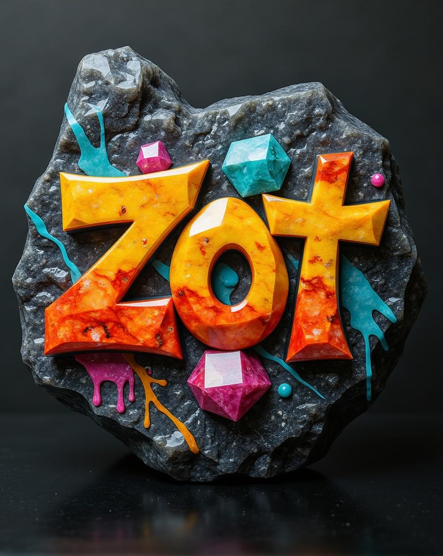 <lora:ck-polygon-gems-0019.safetensors:1> a crafted gemstone model in the style of cklg featuring a
A bold, vibrant graffiti-style design featuring the word "ZOT" in bright yellows, oranges, and red hues on a dark backdrop. Teal and magenta accents add contrast, while paint drips and splatters infuse the composition with dynamic energy.
