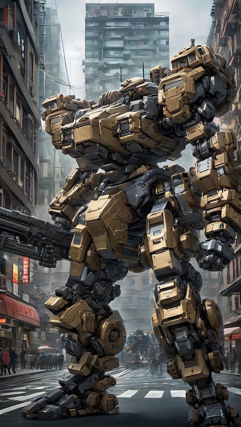 (MRS:0.8), mecha robot, mecha armor, full armor,glowing blue eyes, city, (full body:1.2), clenched hand, mechanical parts, robot joints, (very large size mecha:1.5), (huge shield:1.2),best quality, masterpiece, highly detailed, ultra-detailed,(battle-ready:1.2),(powerful stance:1.3),(Detailed eye description:1.2),(huge mechanical weapon:1.3),(detailed armor description:1.2),(detailed shield description:1.2),(detailed weapon description:1.2),(huge mechanical gun:1.2),(holding gun and weapon :1.3) <lora:srdxl_v07ux2:0.8>