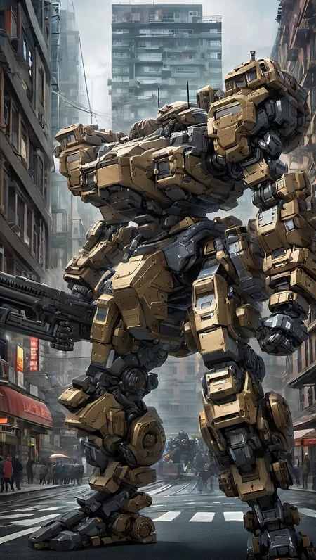 (MRS:0.8), mecha robot, mecha armor, full armor,glowing blue eyes, city, (full body:1.2), clenched hand, mechanical parts, robot joints, (very large size mecha:1.5), (huge shield:1.2),best quality, masterpiece, highly detailed, ultra-detailed,(battle-ready:1.2),(powerful stance:1.3),(Detailed eye description:1.2),(huge mechanical weapon:1.3),(detailed armor description:1.2),(detailed shield description:1.2),(detailed weapon description:1.2),(huge mechanical gun:1.2),(holding gun and weapon :1.3) <lora:srdxl_v07ux2:0.8>