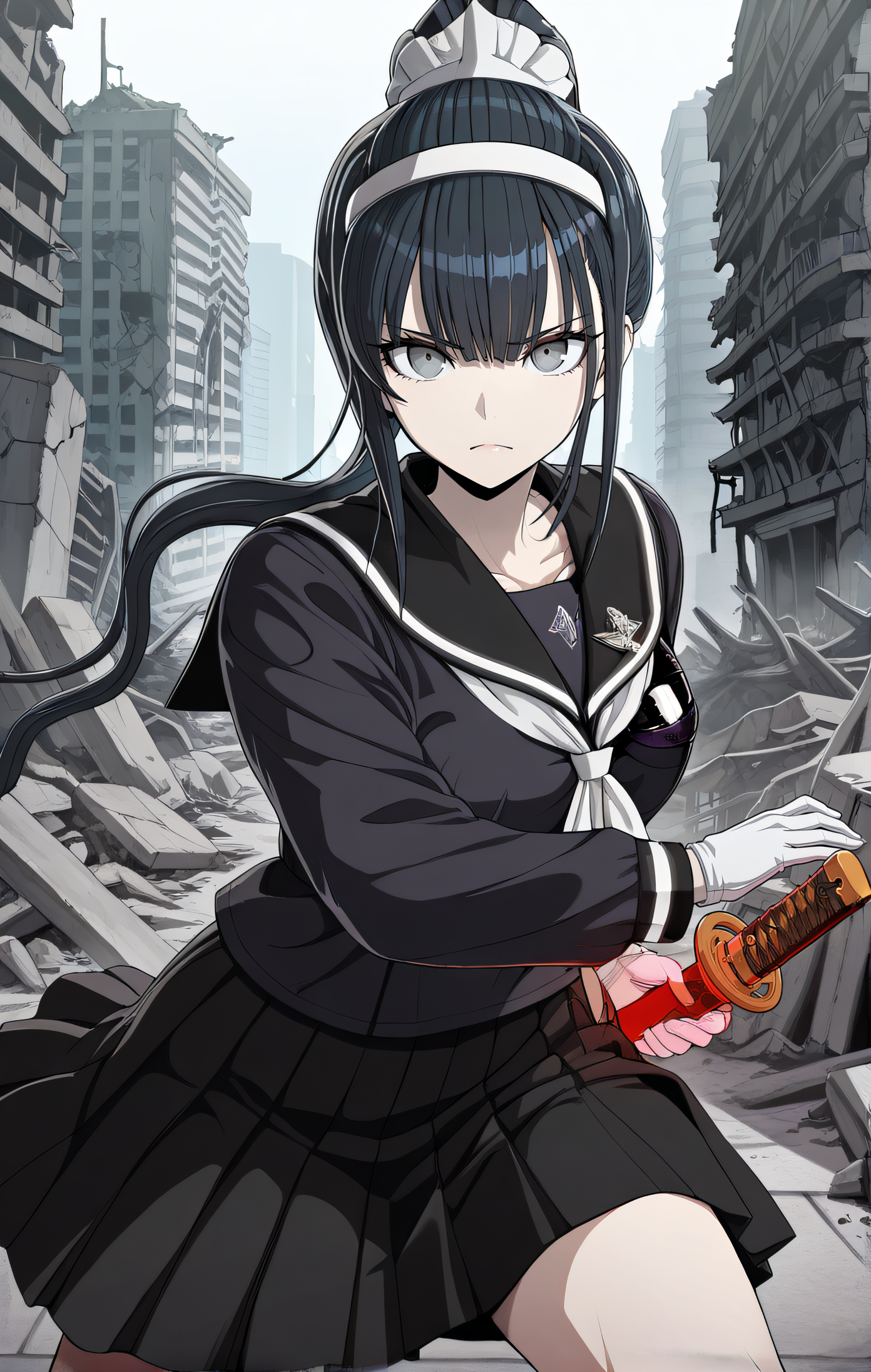 masterpiece, best quality, highres, newest, 1girl, solo, official style, artist cg, <lora:IL_Magadori_Kiyoshika:1>, kiyoshika, black hair, ponytail, grey eyes, headdress, battle uniform, black serafuku, white gloves, black skirt, white neckerchief, holding a katana against viewer, frown, expressionless, city ruins, scenery, fighting stance, looking at viewer