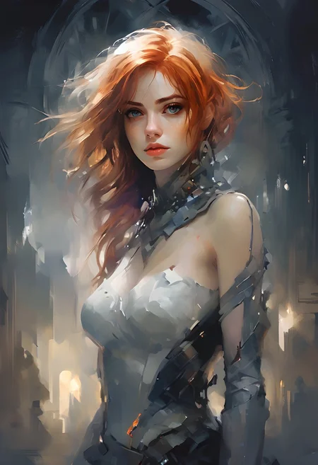 A woman with Red hair and Luminous eyes looks at the camera, Beautiful picture of the character, character portrait, character portrait, 🤤 Charlie Bowater character art, epic portrait illustration, подробный character portrait, neo-artcore and Charlie Bowater, high quality portrait, fantasy concept art portrait, detailed matte fantasy portrait, charlie bowater art style, Detailed beautiful portrait, fantasy art portrait, dark, chiaroscuro, low-key, oil and watercolor painting