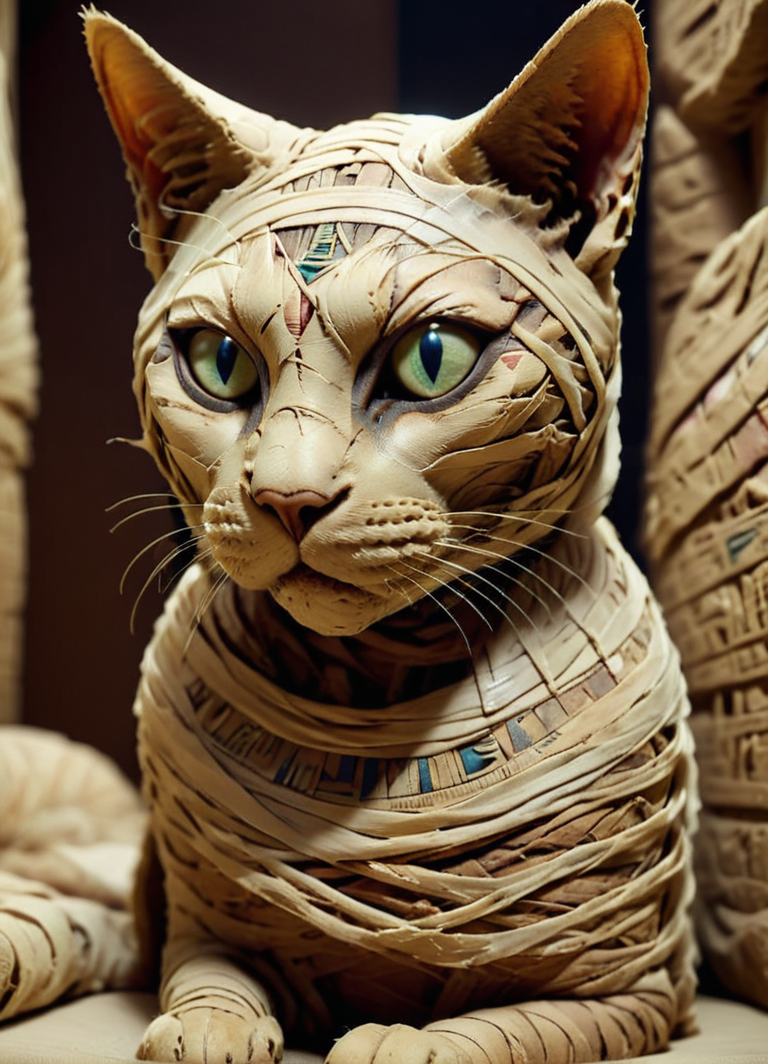 raw photograph, cat, mummy, egyptian, highly detailed, realistic, soft focus <lora:MummyXL:1>