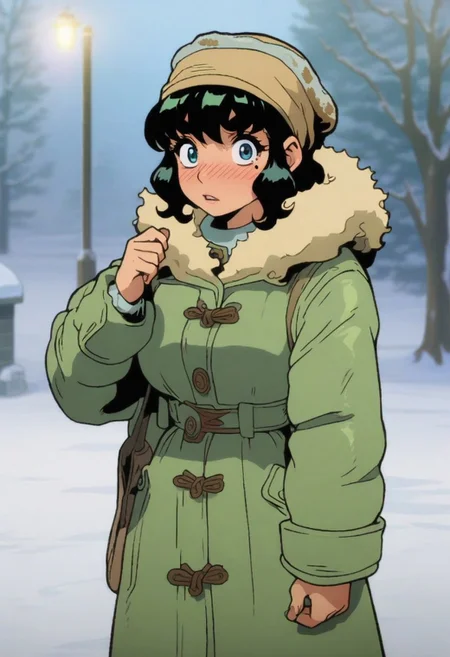 safe for work, PG13, anime screencap, (masterpiece), (4k4bur5tyl3:1.4), (digital painting, illustration), perfect eyes, eyelashes, eyebrows, blush, looking at viewer, 1girl, solo, mole under eye, perfect hands, detailed background, bokeh, winter coat, snow, depth of field, snowflake, light filtering, nose_blush