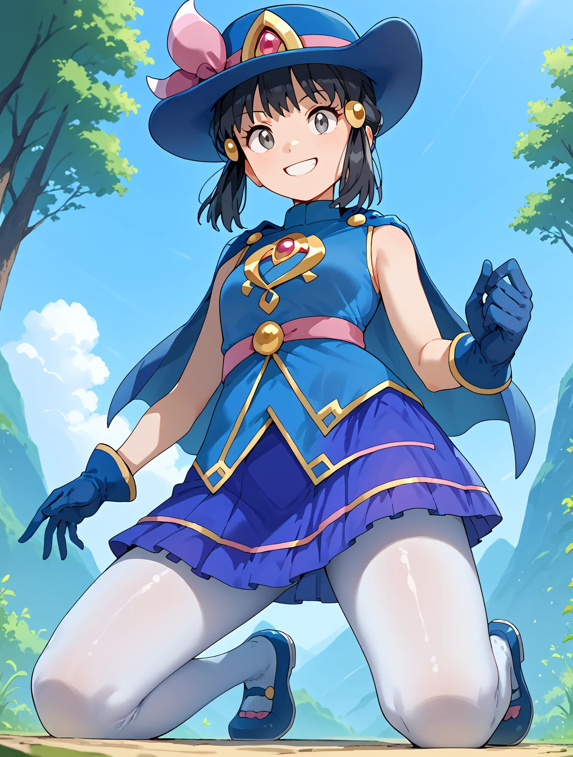 Kneeling with one knee up, From Below, solo, 1girl, smile, <lora:DawnPony:1>Dawn_Syg, short hair, black hair, grey eyes, sidelocks, pink bow, blue hat, hair ornament, cape, blue shirt, sleeveless, golden brooch, red gem, pink belt, blue gloves, blue skirt, white pantyhose, blue footwear,, score_9, score_8_up, score_7_up,