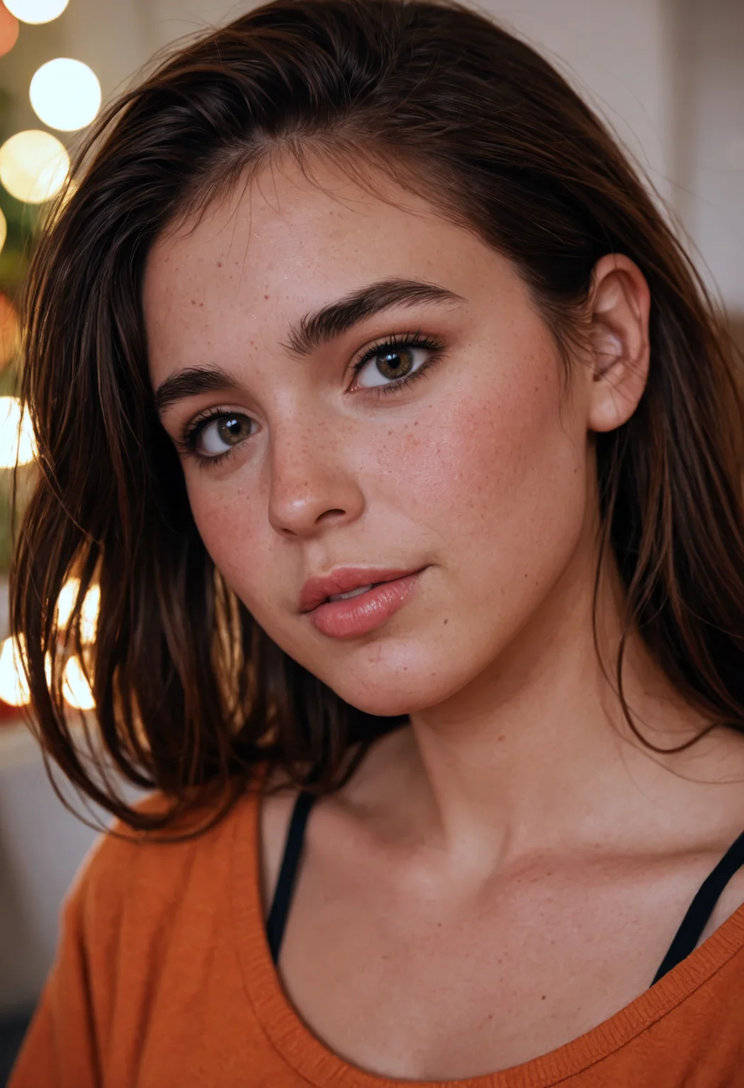(masterpiece, best quality, ultra-detailed, realistic), a beautiful college girl, brunette, close-up, girl next door, baggy clothes, interior, film grain, retro, (bokeh:1.3), Porta 160 color, shot on ARRI ALEXA 65, sharp focus on subject, Fujifilm XT-3