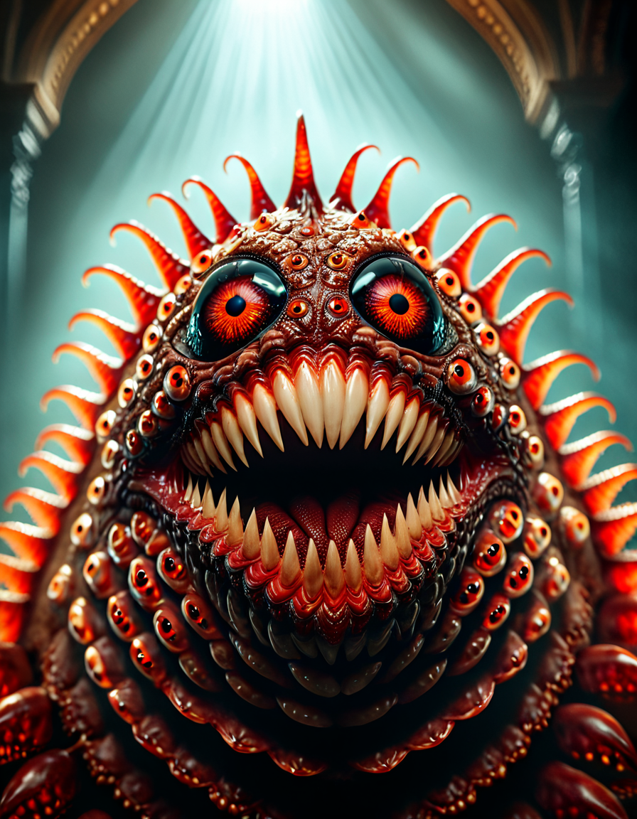 monsterlora, horror (theme), 1monster, teeth, many eyes,cinematiclora,Cinematic Lighting, Dramatic lighting, high contrast, detailed shadows, high-resolution, emotional, harmonious, vignette, highly detailed, high budget, bokeh, cinemascope, moody, epic, gorgeous, film grain, grainy, monsterlora, horror (theme), 1monster, teeth, many eyes, symmetry, vivid colors, detailed, cinematic, epic, sharp focus, surreal background, translucent, transparent, highly coherent, colorful, deep aesthetic, magical, pure, fine detail, very intricate, ambient, perfect light, inspired, rich vibrant color, illuminated, beautiful composition, artistic, complex