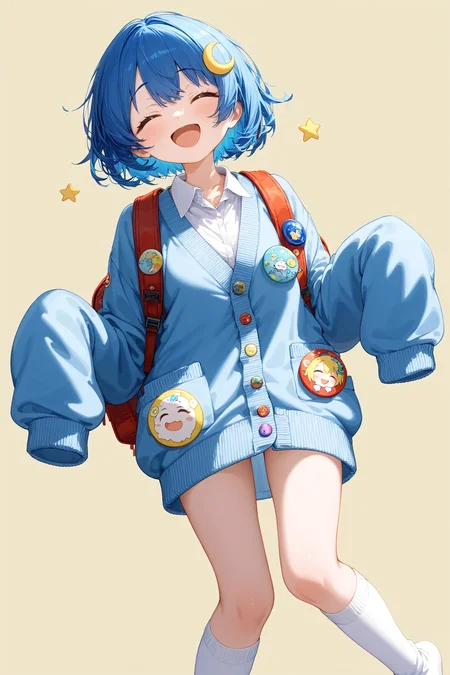 1girl, solo, :d, ^_^, backpack, badge, blue hair, button badge, cardigan, closed eyes, crescent, open mouth, oversized clothes, raised eyebrows, short hair, simple background, sleeves past fingers, sleeves past wrists, smile, socks, white socks, masterpiece, best quality