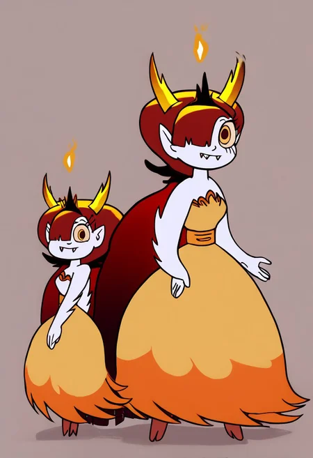 <lora:HekapooPony:1> hekapoo, red hair, horns, 1girl, pointy ears, yellow dress, yellow eyes, strapless, long hair, white skin, very long hair, hair over one eye, tiara, fangs, smile, looking at viewer, hand on own hip, standing,simple background,, score_9, score_8_up, score_7_up, score_6_up, score_5_up, score_4_up cowboy shot,