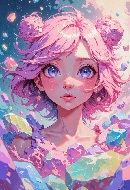 masterpiece, high-quality, pastel anime style, The camera zeroes in on the heart-shaped face of a youthful dreamweaver, her large, star-speckled eyes dominating the composition. Short, bubblegum-pink hair frames her cheeks in soft tufts, tinted by the gentle glow of floating crystals that bob around her head. Each crystal shimmers with pastel huesâlavender, mint, and baby blueâcatching the dreamy highlights in her glittery eyelashes. Behind her, the blurred suggestion of a magical woodland forms a swirl of cotton-candy tones and softly drawn lines. Subtle sparkles and gentle shading define every strand of hair and every crease of her sweet, determined expression, culminating in a hyperdetailed portrait that radiates kawaii charm and celestial wonder, <lora:FLUX\FLUX-daubrez-DB4RZ:0.3> <lora:FLUX\ArcaneFGTNR:0.5> <lora:FLUX\VividlySurrealApex:0.6> <lora:FLUX\Anime v1.3:0.5>