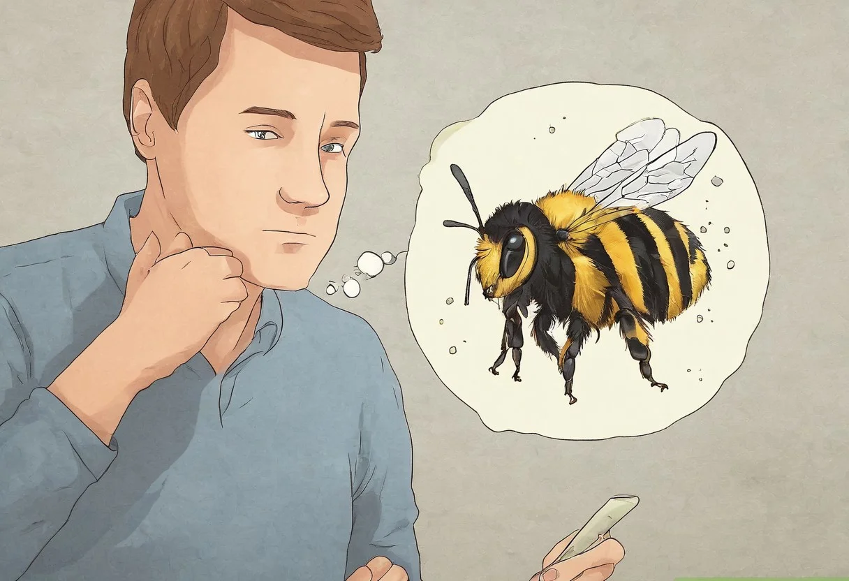masterpiece, best quality, highly detailed, wikihow, man, solo, thought bubble, bee, thinking about a bee, bee in thought bubble