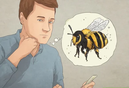 masterpiece, best quality, highly detailed, wikihow, man, solo, thought bubble, bee, thinking about a bee, bee in thought bubble