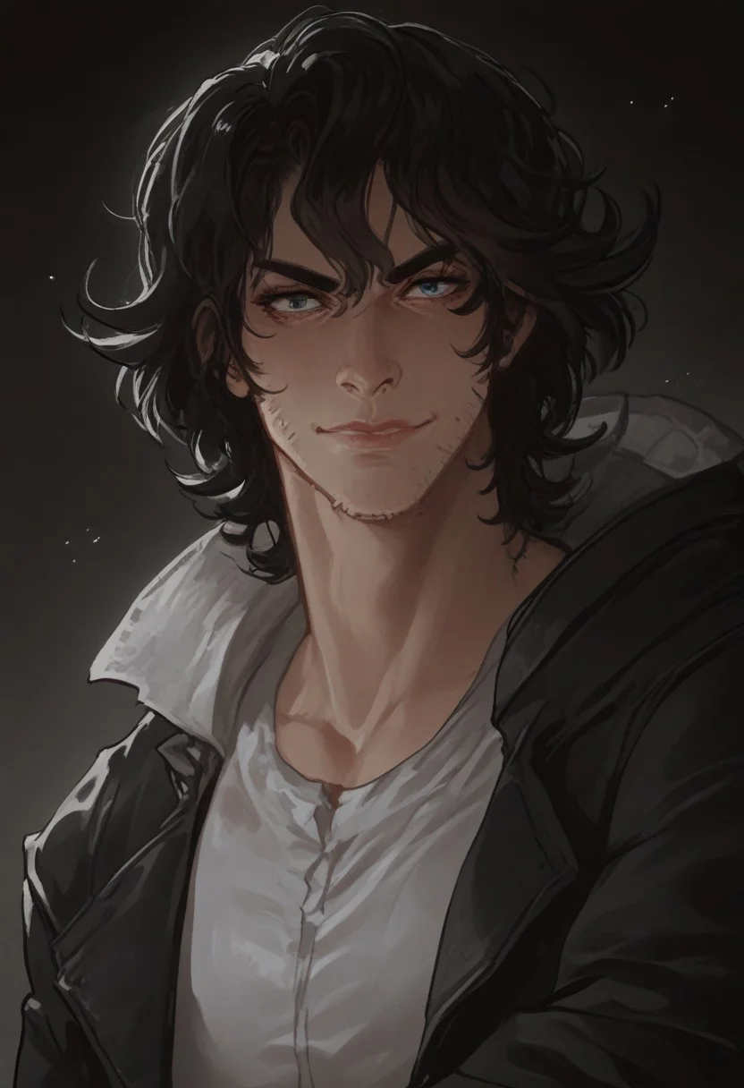 (score_9,score_8_up,score_7_up,score_6_up,score_5_up,score_4_up), 1boy, marcosoliveira, long black hair, straight hair, wolfcut hair, light blue eyes, stubble, eye_focus, close-up, solo, looking_at_viewer, strong body, 1boy, solo, male focus, serious, smirking, closed lips, tired look, wide shoulders, muscular male,
black leather jacket, white shirt, below POV, dynamic position,
dark background, night,
Expressiveh