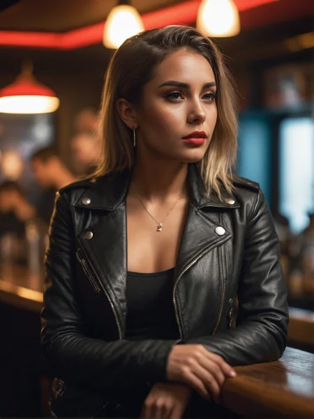 A dynamic cinematic photograph of Jenna_Sims_P_MXAI_SDXL:1.2 , hard expression, wearing biker boots, wearing detailed leather pants, wearing a band t-shirt, wearing a leather jacket, standing at the bar in a biker bar, shot from the side, PA7_Portrait-FL, SK_CINEMATIC, ziprealism