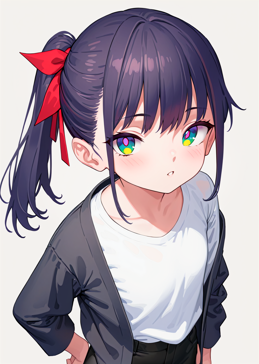 (best quality, masterpiece:1.2),
cowboy shot, upper body, 
1girl, solo,
petite, ponytail, short hair,
black hair, hair ribbon, two-tone hair,  looking at viewer, 
multicolored eyes, green eyes, purple eyes, white pupils, 
black jacket, white  shirt, oversized clothes, 
black pants,  
standing, 
highres,sharp focus,Professional,Impasto,
front view,close-up, 
reality_ray_tracing,ambient_light,
simple background, grey background, 
<lora:ASYLJ77-000009-XL-02:0.9>
