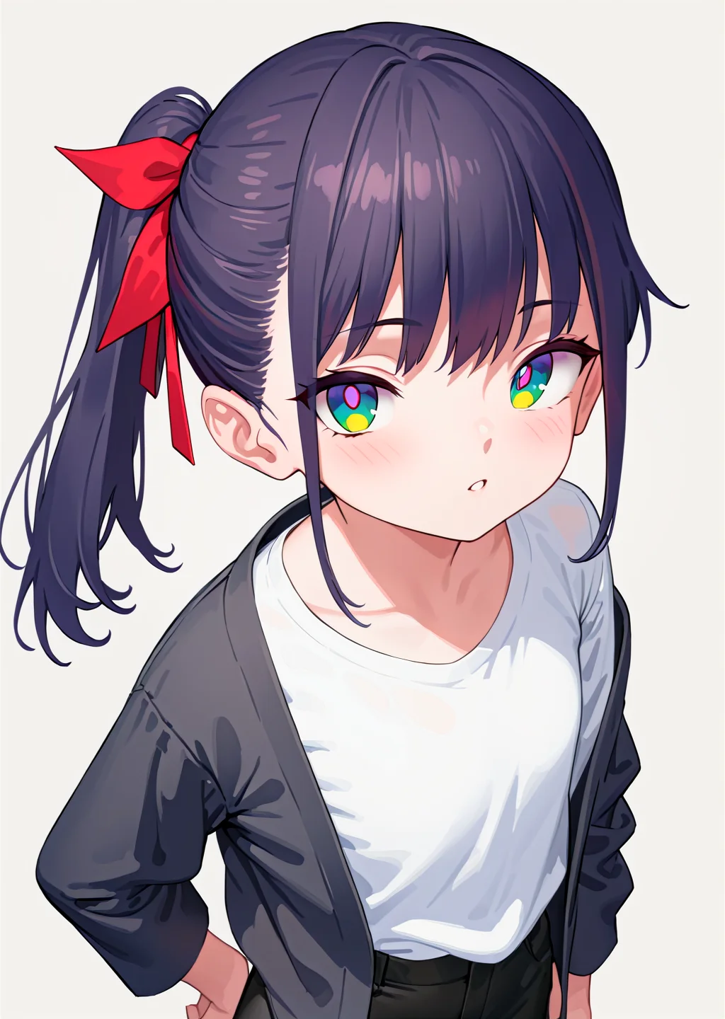 (best quality, masterpiece:1.2),
cowboy shot, upper body, 
1girl, solo,
petite, ponytail, short hair,
black hair, hair ribbon, two-tone hair,  looking at viewer, 
multicolored eyes, green eyes, purple eyes, white pupils, 
black jacket, white  shirt, oversized clothes, 
black pants,  
standing, 
highres,sharp focus,Professional,Impasto,
front view,close-up, 
reality_ray_tracing,ambient_light,
simple background, grey background, 
<lora:ASYLJ77-000009-XL-02:0.9>
