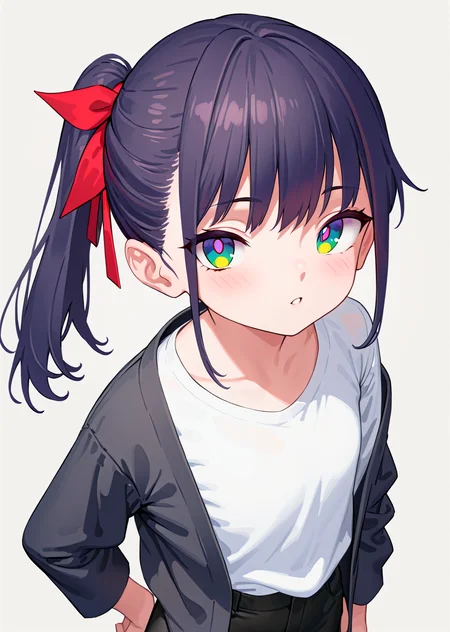 (best quality, masterpiece:1.2),
cowboy shot, upper body,
1girl, solo,
petite, ponytail, short hair,
black hair, hair ribbon, two-tone hair, looking at viewer,
multicolored eyes, green eyes, purple eyes, white pupils,
black jacket, white shirt, oversized clothes,
black pants,
standing,
highres,sharp focus,Professional,Impasto,
front view,close-up,
reality_ray_tracing,ambient_light,
simple background, grey background,
<lora:ASYLJ77-000009-XL-02:0.9>